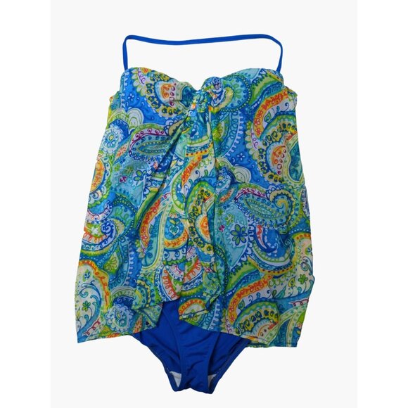 Lauren Ralph Lauren Size 10 Paisley Overlay One-Piece Swimsuit Turquoise - Picture 3 of 7